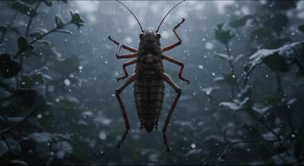 A close-up of a large insect on a snowy surface.