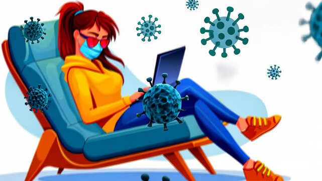 A young woman in casual attire floats peacefully, working on her laptop from home during quarantine, embracing online learning.