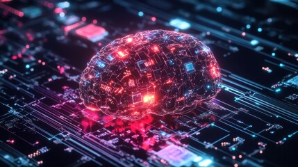 Obraz premium A glowing brain with tech-inspired patterns, representing innovation in artificial intelligence.