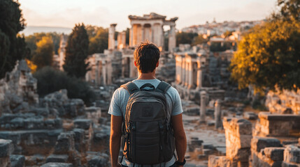 A traveler gazes at ancient ruins during sunset, surrounded by historical columns and nature