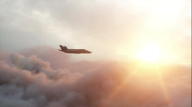 Military fighter jet F-35 flying over clouds. Air force.