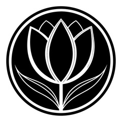 a minimalistic black and white graphic of a lotus flower, evoking elegance and simplicity. It is set within a circle, adding a touch of sophistication  vector illustration
