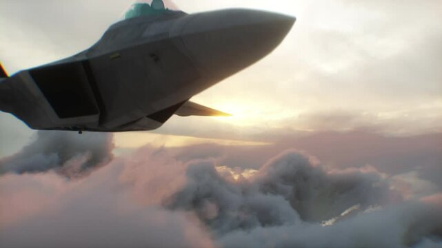 Military fighter jet F-22 flying over clouds. Air force.