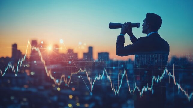Businessman looking through telescope at city skyline with stock market data overlay