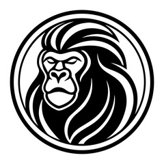 a stylized black and white illustration of a gorilla's face within a circular frame. The gorilla has a serious expression, emphasizing the strength of the animal