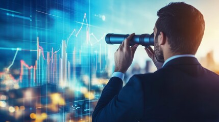 Businessman looking through telescope at financial data