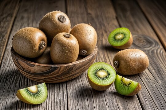 ripe kiwi in a wooden dish on a wooden background top view healthy eating kivi