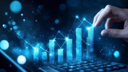 Hand interacting with digital bar graph on laptop