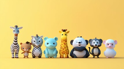 3d render A cartoon illustration of a diverse group of happy animal characters