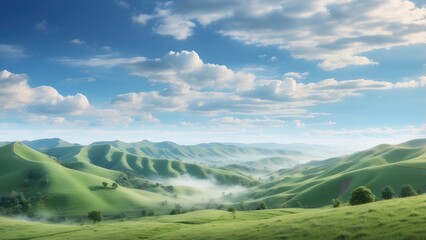Fototapeta premium A panoramic view of lush, rolling hills blanketed in greenery under a soft, blue sky.