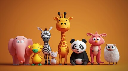 Naklejka premium 3d render A cartoon illustration of a diverse group of happy animal characters