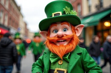 Leprechaun with green decorations a part of parade