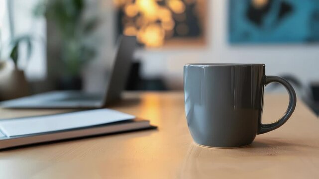Cozy home office setup features a gray mug prominently placed on a wooden desk, accompanied by a laptop and notepad, illuminated by warm ambient lighting and decorated with artwork