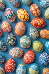 Vibrant, hand-painted Easter eggs in multiple colors, designed for the festive holiday, are set against a blue wooden plank background