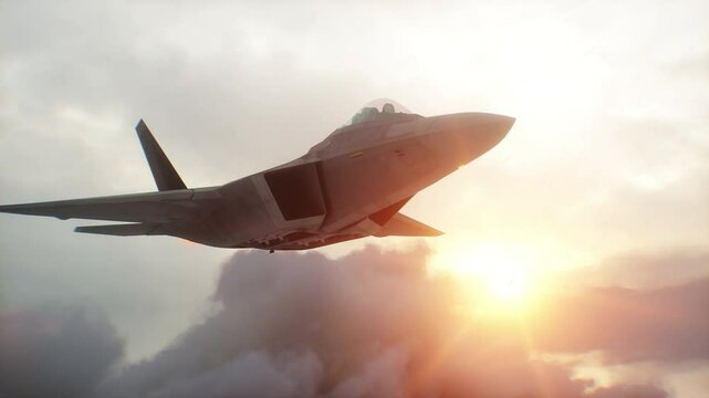 Military fighter jet F-22 flying over clouds. Air force.