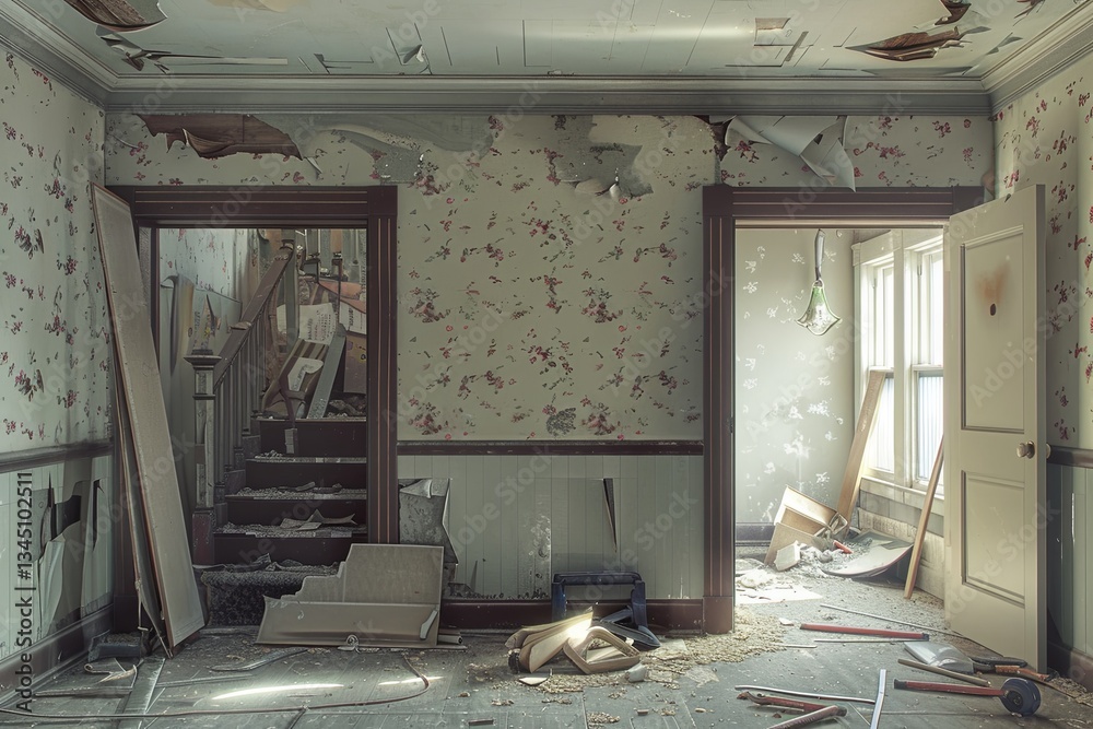 Aufkleber Renovation in progress with empty room showing removed wallpaper, exposed plaster, and scattered tools creating a transformative atmosphere Generative AI