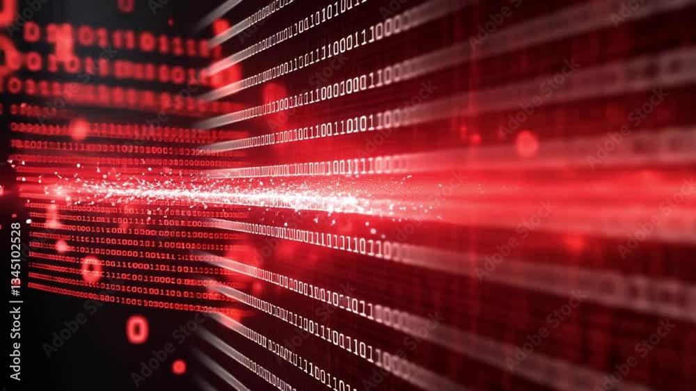 Poster data stream: red binary code flowing through digital space