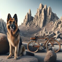 The German shepherd with a shepherd looks directly at the chamber with an open mouth, showing the tongue against the background of a retro bicycle.