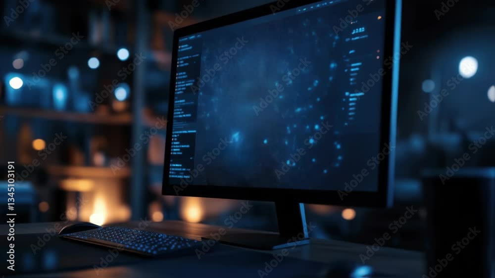 Poster futuristic interface displaying complex data analysis on computer screen in modern office at night, 