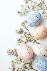 Obraz premium Easter quail eggs and flowers of spring are set against a white backdrop, symbolizing the holiday season with extra space for text