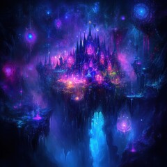 A luminous purple and blue castle floating amongst nebulous starlight