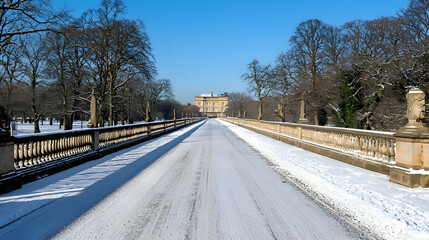 Snow Covered Road Leading to Building with Trees and Blue Sky on a Sunny Winter Day