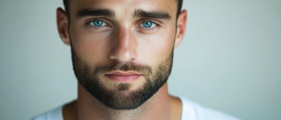Fototapeta premium Closeup portrait of a handsome Caucasian man with striking blue eyes and a wellgroomed beard, showcasing natural beauty and intense gaze