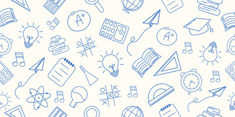 Seamless pattern with hand-drawn school supplies. Back to school. Vector illustration