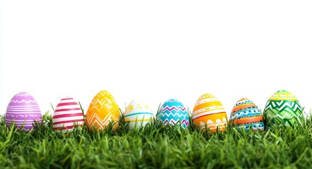 A Happy Easter template featuring a collection of painted Easter eggs is set against a backdrop of green grass and a transparent background