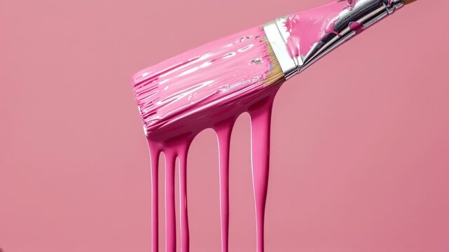 A paintbrush dipped in bright pink paint drips as it prepares to coat a clean surface. The studio ambiance is filled with artistic energy and modern design elements