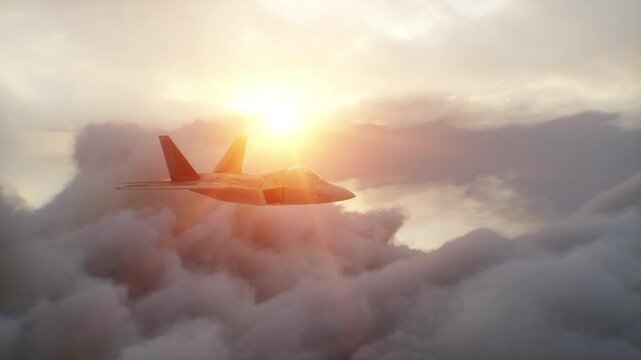 Military fighter jet F-22 flying over clouds. Air force.