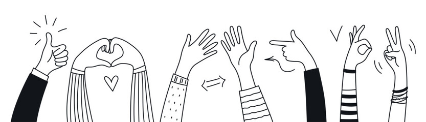 Doodle hands drawn up. Hand gesture, ok, class, hello, clap, love, victory, pointing. Vector illustration