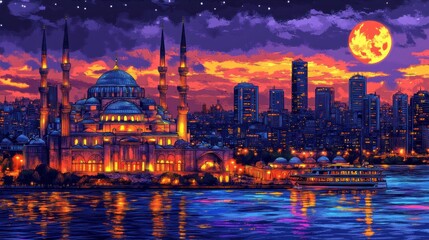 Fototapeta premium A vibrant illustration depicts a waterside cityscape under a dramatic sunset