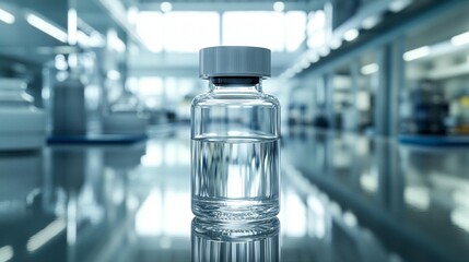 A clear glass vial of liquid sits on a reflective surface in a sterile laboratory setting.