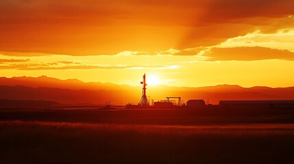 Oil Drilling Rig Silhouette at Golden Sunset with Mountain Backdrop