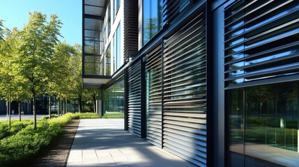 Exterior of a modern industrial building with large metal panels and glass windows.