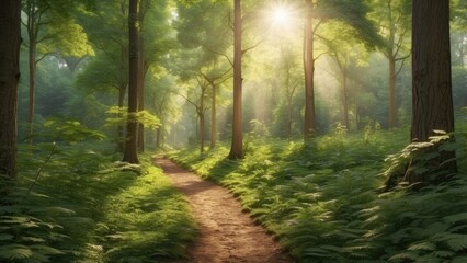 Obraz premium A serene forest scene featuring a pathway lined with tall trees,