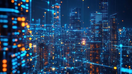 Obraz premium Futuristic cityscape at night, digital network, interconnected buildings. Stock photo, use for technology, urban design, and business