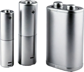 Three batteries (AAA, AA and PP3), isolated on transparent background
