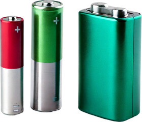 Three batteries (AAA, AA and PP3), isolated on transparent background