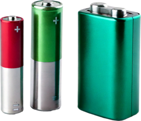 Three batteries (AAA, AA and PP3), isolated on transparent background