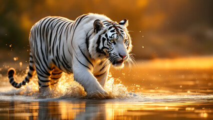 Naklejka premium White Tiger Walking in Water