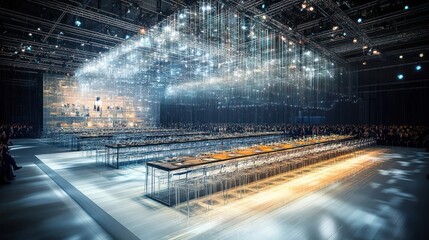 A large illuminated event venue with tables and attendees