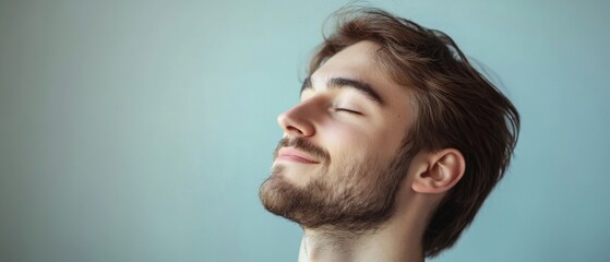 Fototapeta premium Serene Caucasian man with closed eyes, breathing deeply indoors for stress relief and mindfulness meditation Concept of mental health, wellness, and relaxation