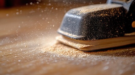 An electric sander with fine wood dust scattered around it on a construction site.