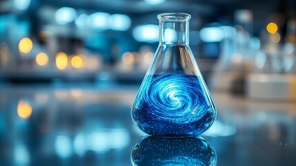 Blue liquid swirling in a glass flask on a reflective surface in a laboratory.