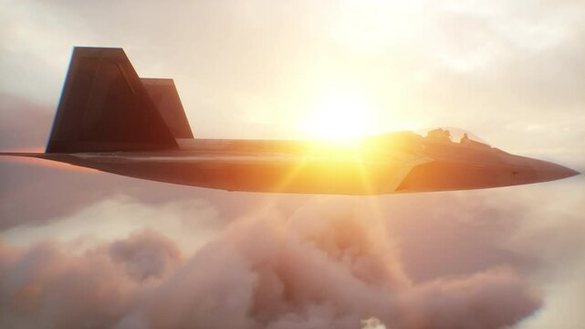 Military fighter jet F-22 flying over clouds. Air force.