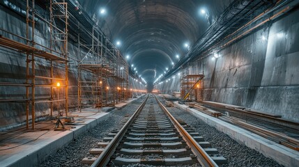 Obraz premium An underground metro station under construction, with scaffolding and lighting.