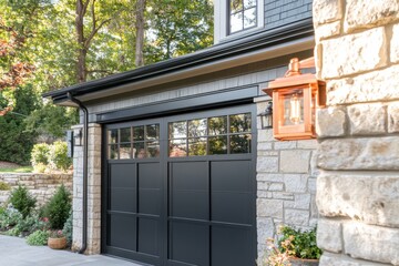 A beautifully designed garage door adorned with stunning stone accents, complemented by a stylish lantern, stands gracefully in a tranquil suburban neighborhood on a bright, sunny afternoon