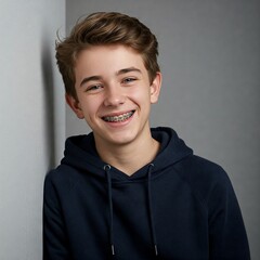 A smiling teenage boy with braces, wearing a hoodie, leaning casually against a light gray wall in a portrait studio.